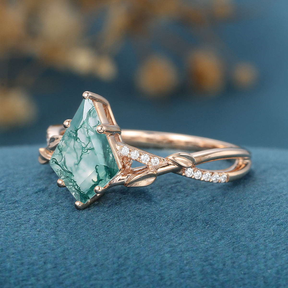 Kite Cut Natural Green Moss Agate Cluster Engagement Ring 