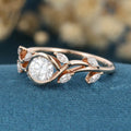 Nature Inspired Round cut Moissanite Leaf Gold Engagement Ring