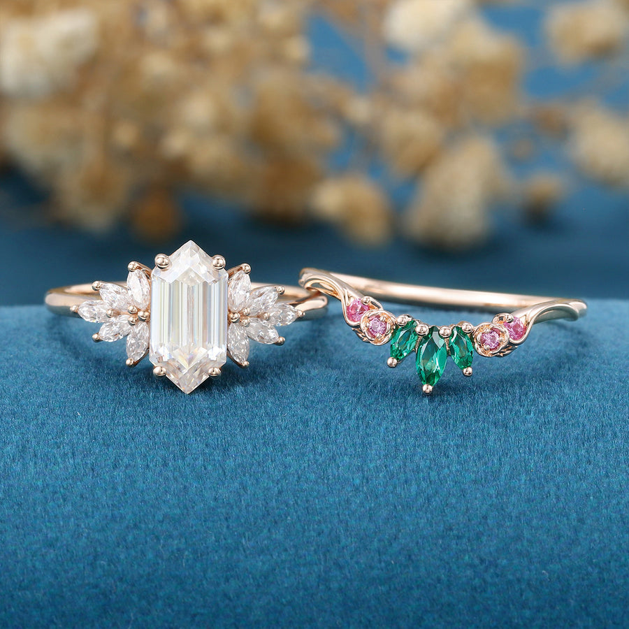 Hexagon cut Moissanite Matching Diamonds | Lab Grown Emerald |  Natural Pink Sapphires  Rose Gold Wedding Bridal Set