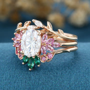 Oval cut Moissanite Matching Diamonds | Lab Grown Emerald |  Natural Pink Sapphires  Rose Gold Wedding Bridal Set