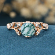 Nature Inspired Round cut Moss Agate Leaf Gold Engagement Ring