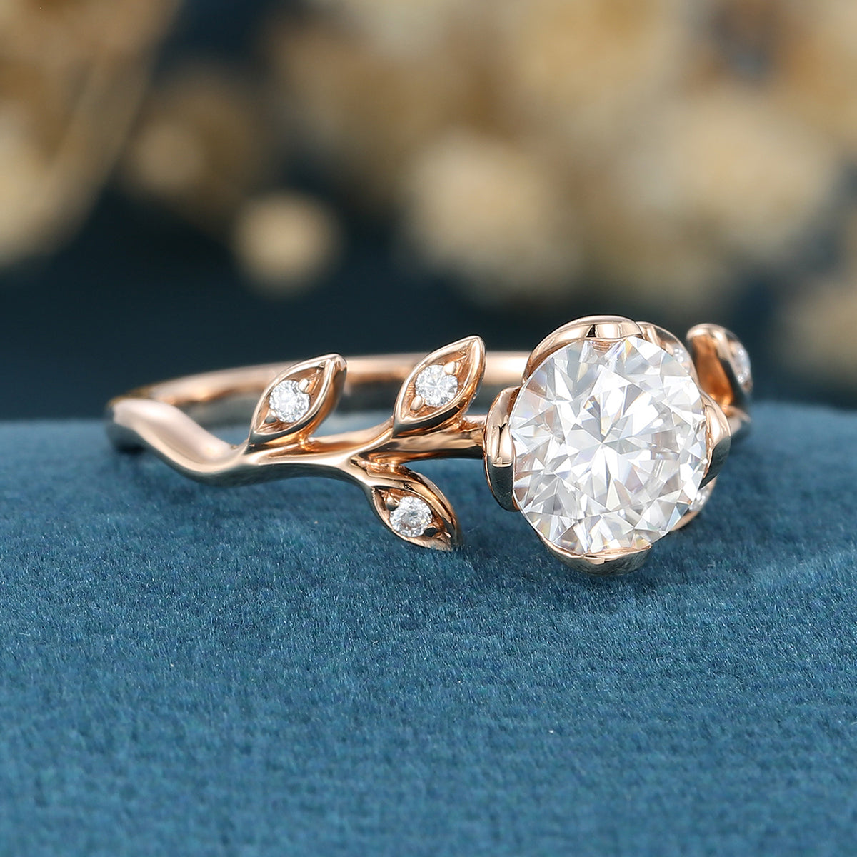 Copy of Nature Inspired Round cut Moissanite Leaf Gold Engagement Ring