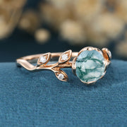 Nature Inspired Round cut Moss Agate Leaf Gold Engagement Ring