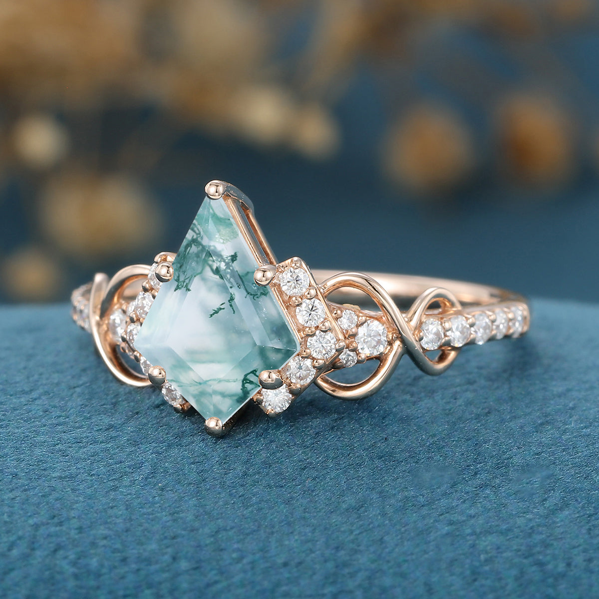 Kite Cut Natural Green Moss Agate Cluster Engagement Ring 