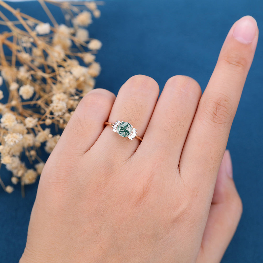 Bezel Set Rose cut Moss Agate Gold Engagement Ring