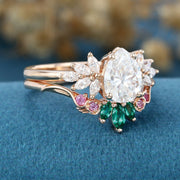 Oval cut Moissanite Matching Diamonds | Lab Grown Emerald |  Natural Pink Sapphires  Rose Gold Wedding Bridal Set