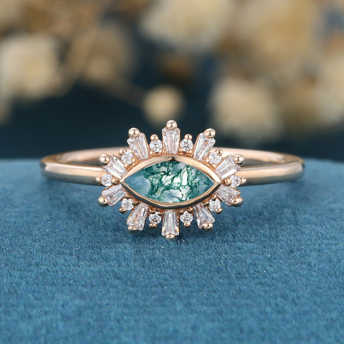 Bezel setting Marquise cut Moss Agate Halo Moissanite | Diamond Gold Engagement Ring