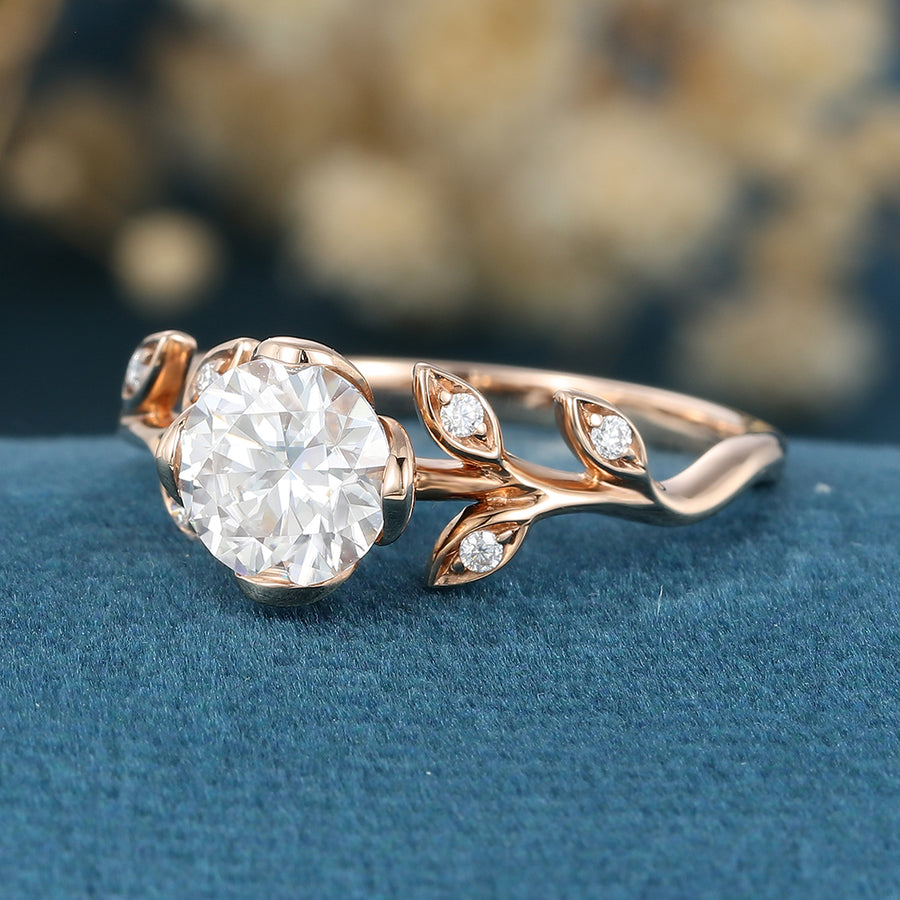 Copy of Nature Inspired Round cut Moissanite Leaf Gold Engagement Ring
