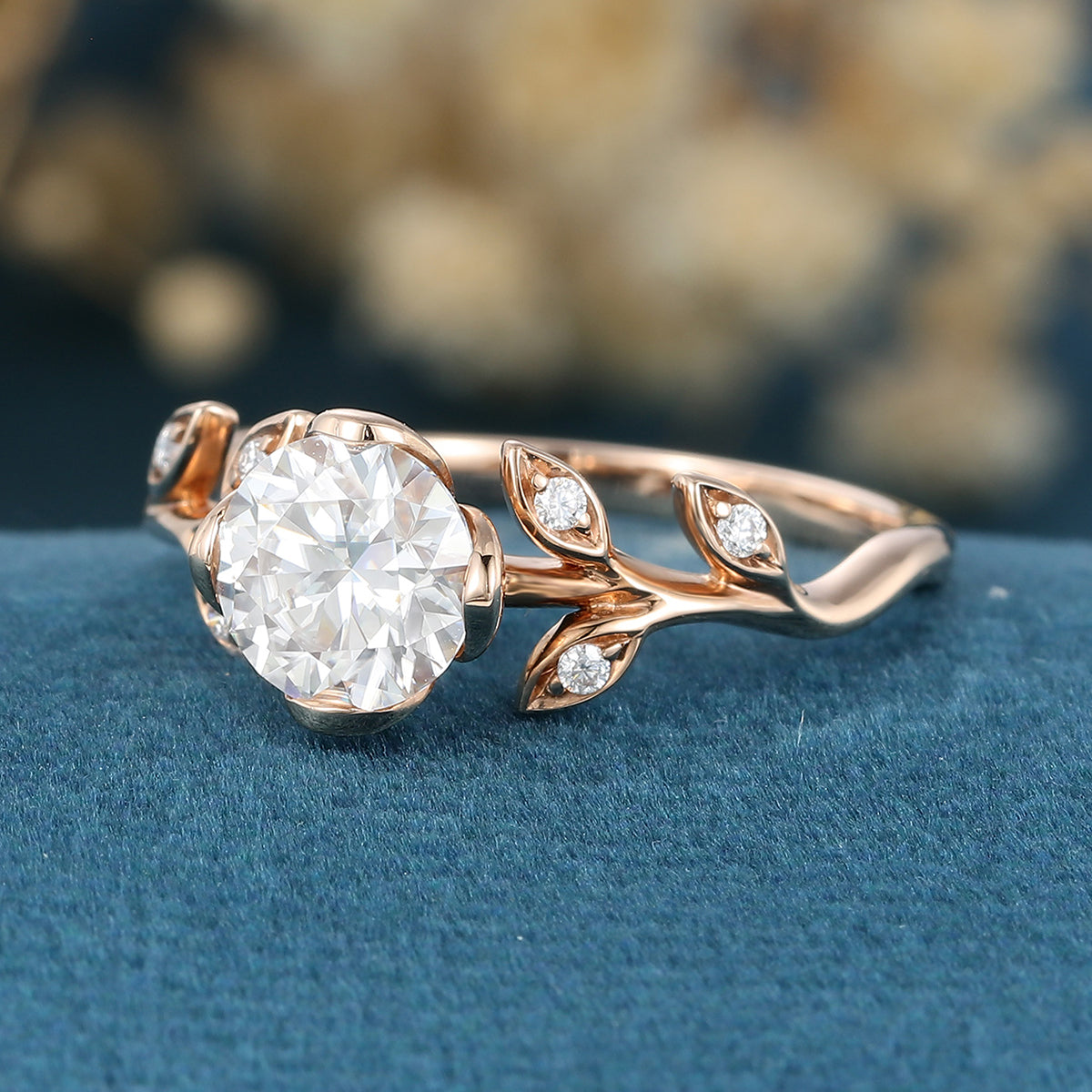 Copy of Nature Inspired Round cut Moissanite Leaf Gold Engagement Ring