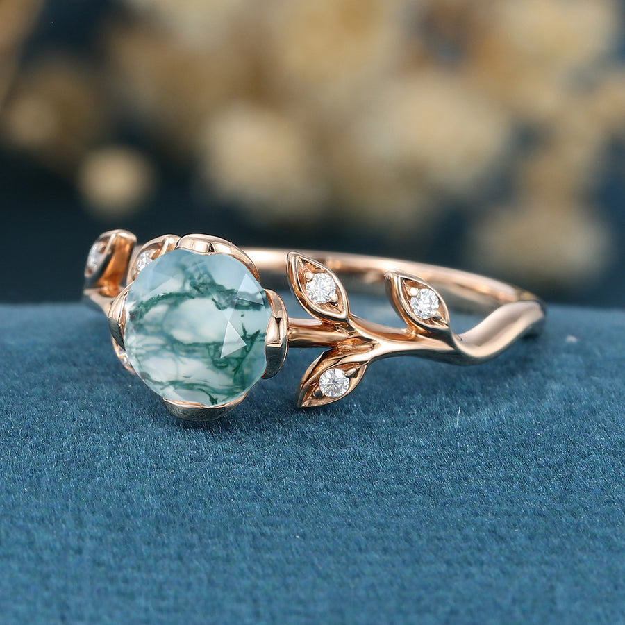 Nature Inspired Round cut Moss Agate Leaf Gold Engagement Ring