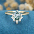 Pear Cut Natural Green Moss Agate Cluster Engagement Ring 