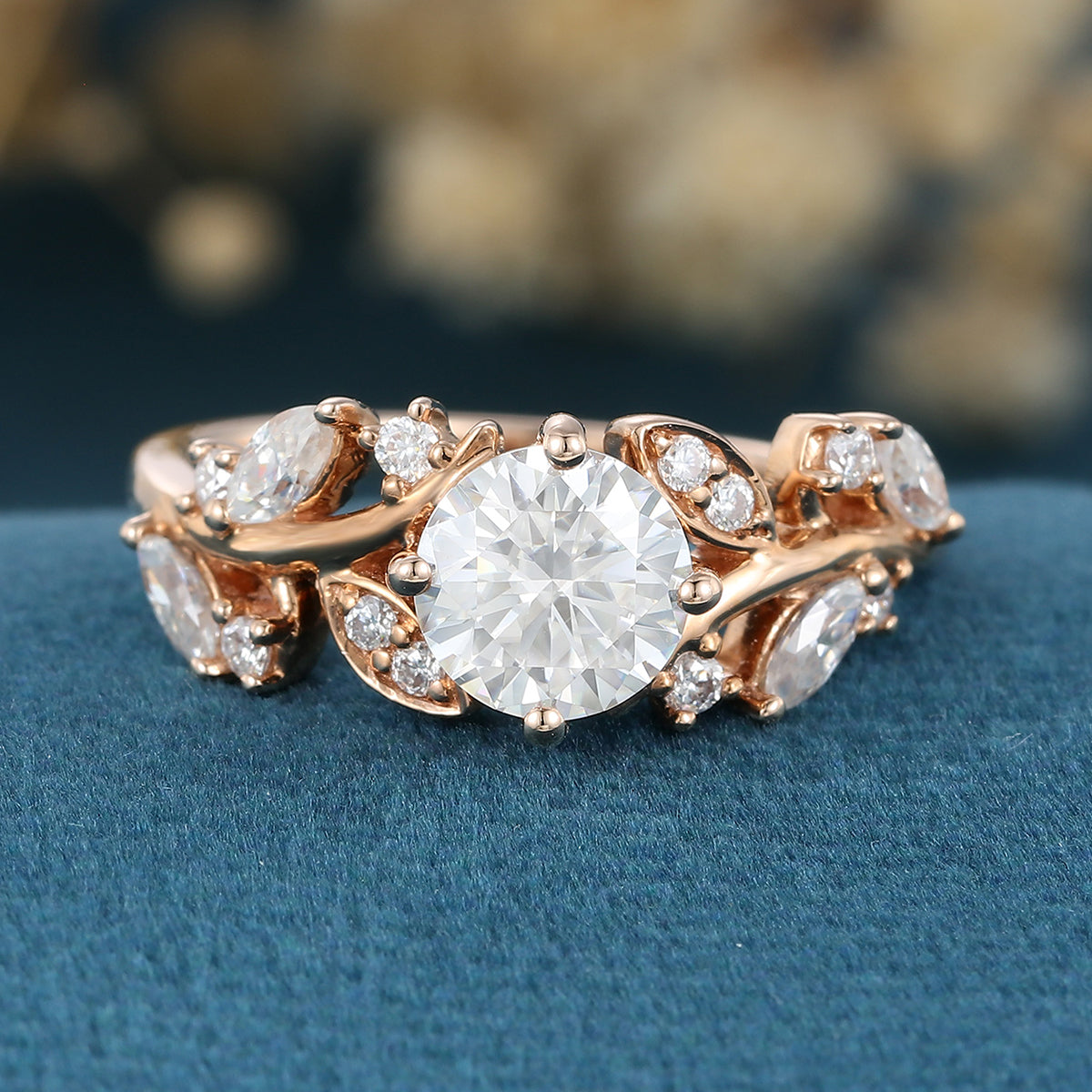 Nature Inspired Round cut Moissanite Leaf Gold Engagement Ring