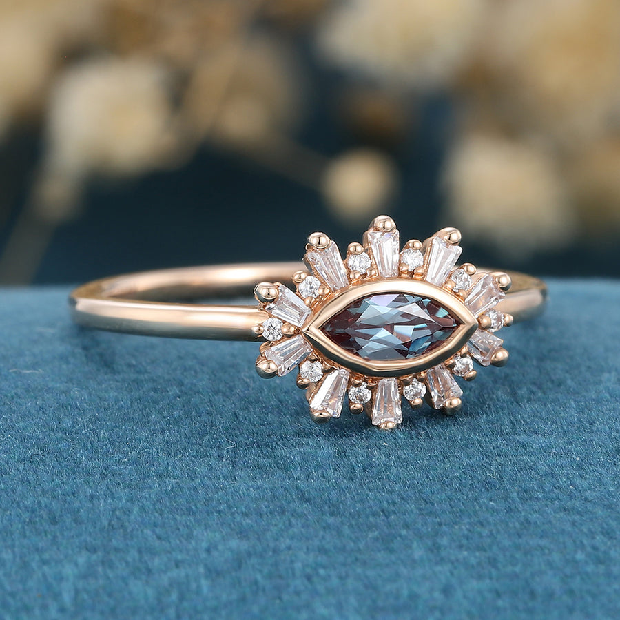Bezel setting Marquise cut Lab Alexandrite Halo Moissanite | Diamond Gold Engagement Ring
