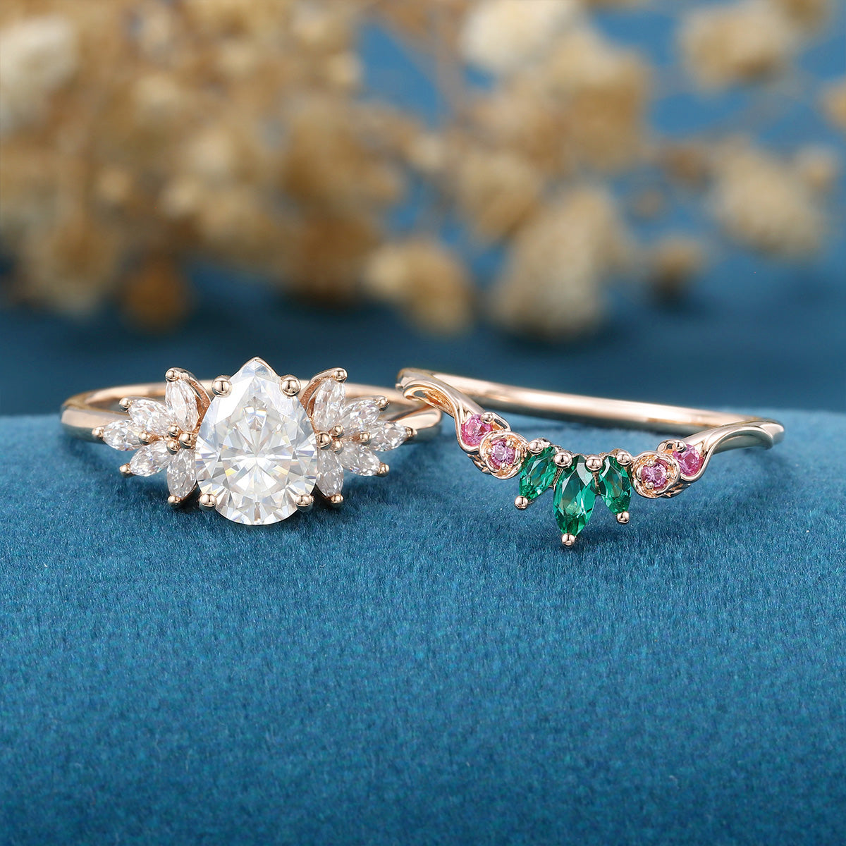 Oval cut Moissanite Matching Diamonds | Lab Grown Emerald |  Natural Pink Sapphires  Rose Gold Wedding Bridal Set