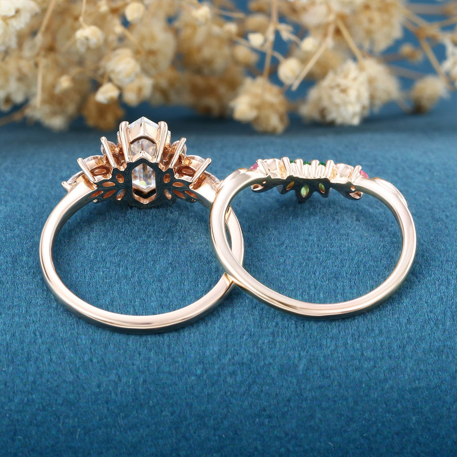 Hexagon cut Moissanite Matching Diamonds | Lab Grown Emerald |  Natural Pink Sapphires  Rose Gold Wedding Bridal Set