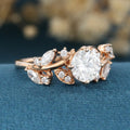 Nature Inspired Round cut Moissanite Leaf Gold Engagement Ring