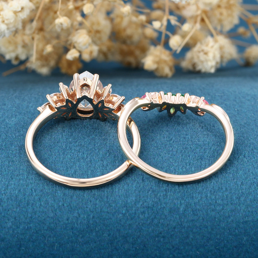 Oval cut Moissanite Matching Diamonds | Lab Grown Emerald |  Natural Pink Sapphires  Rose Gold Wedding Bridal Set