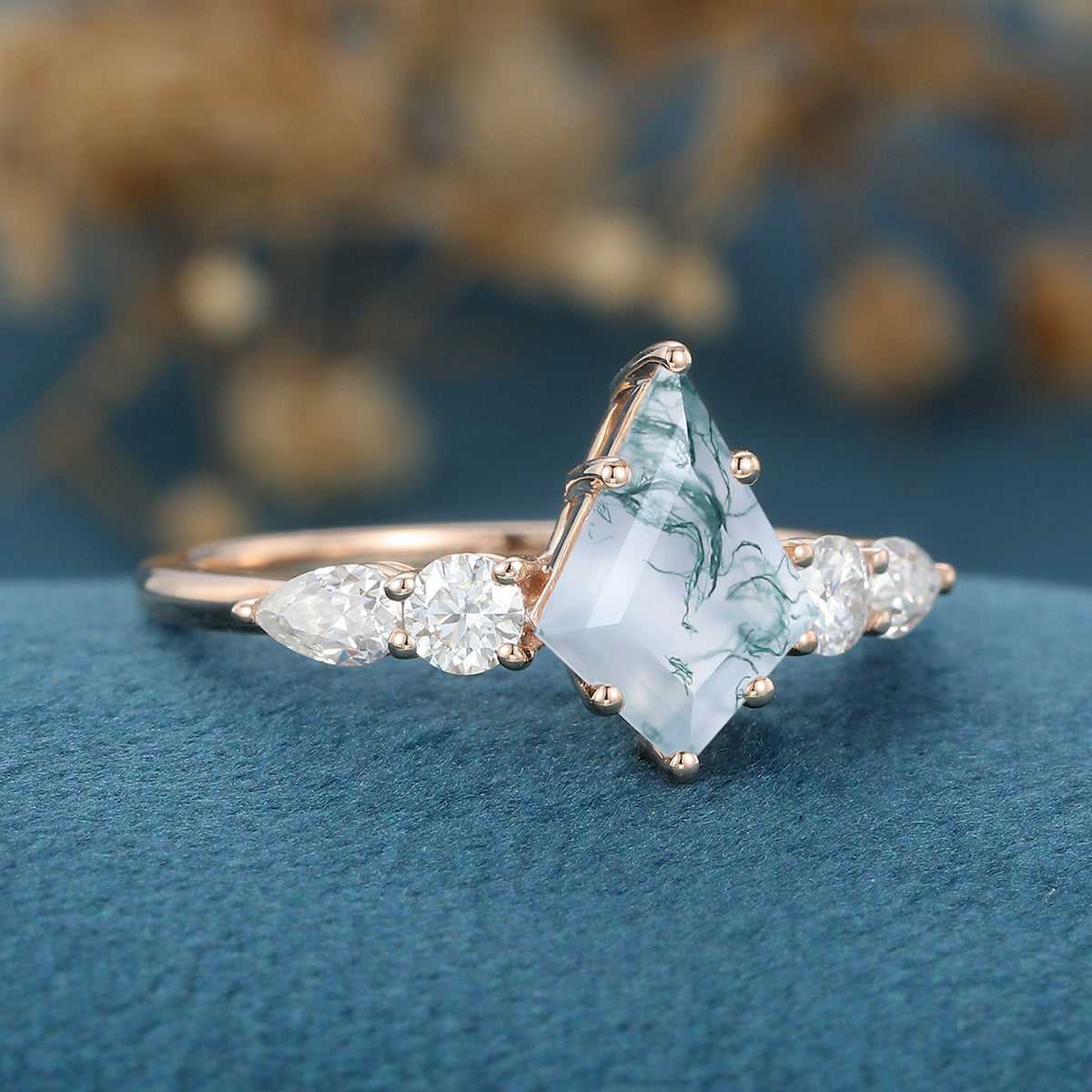 Kite Cut Natural Green Moss Agate Cluster Engagement Ring 