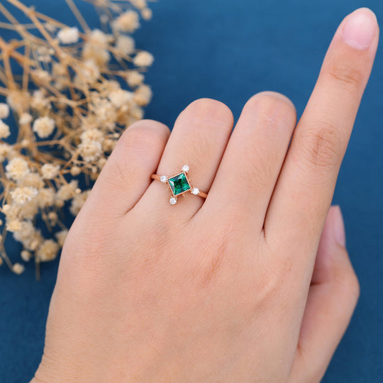 Bezel Set Princess Cut Lab Emerald Halo Moissanite | Diamond Gold Engagement Ring