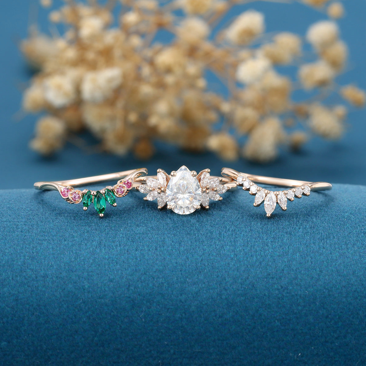 Pear cut Moissanite Rose Gold Matching Diamonds | Lab Grown Emerald Wedding bridal set