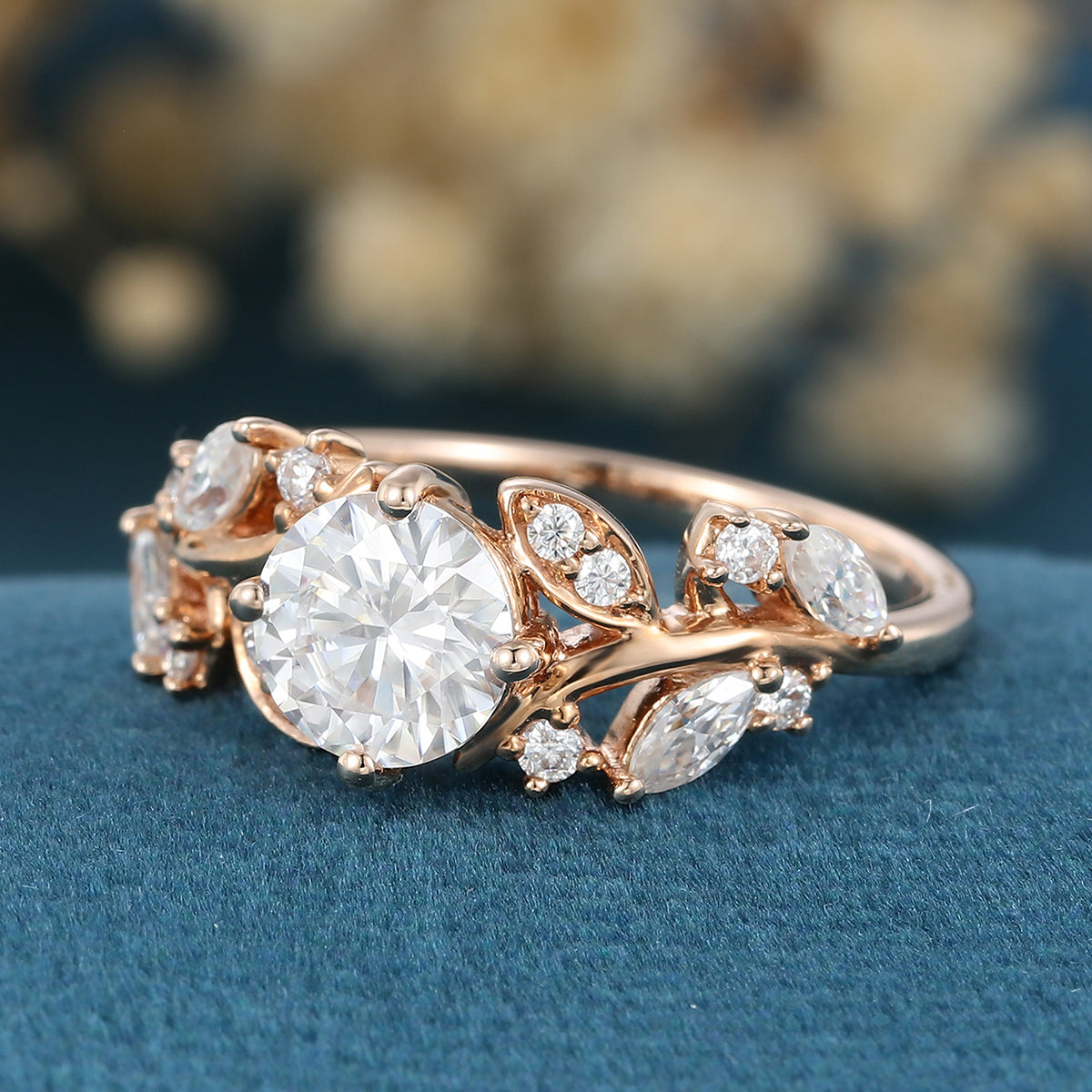 Nature Inspired Round cut Moissanite Leaf Gold Engagement Ring