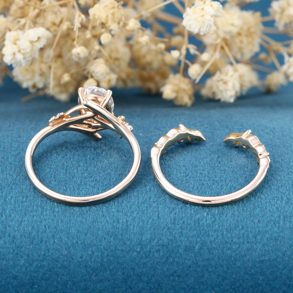 Oval cut Moissanite Rose Gold Matching Moissanite | Lab Grown Emerald Rose Gold Wedding Bridal Set