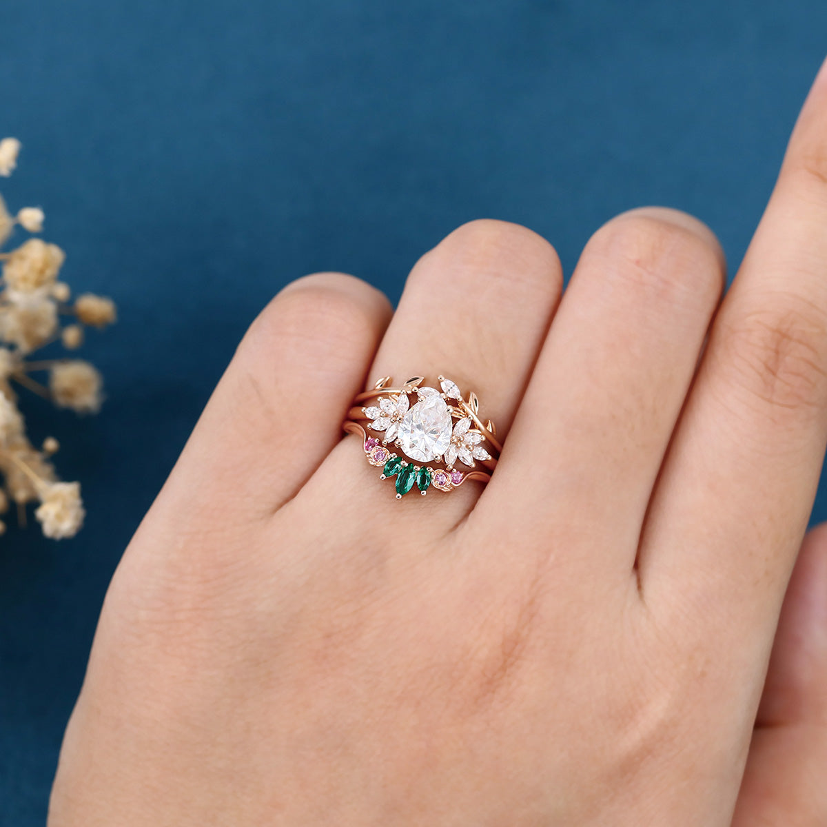 Oval cut Moissanite Matching Diamonds | Lab Grown Emerald |  Natural Pink Sapphires  Rose Gold Wedding Bridal Set