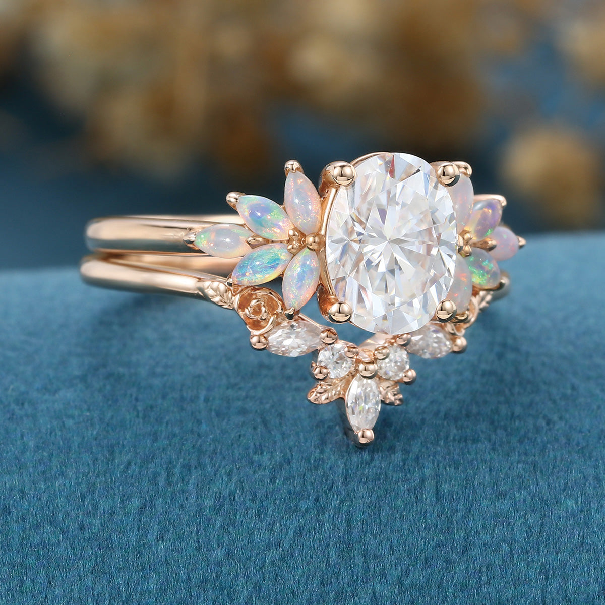 Oval Cut Moissanite+Opal Rose Gold Wedding Bridal set