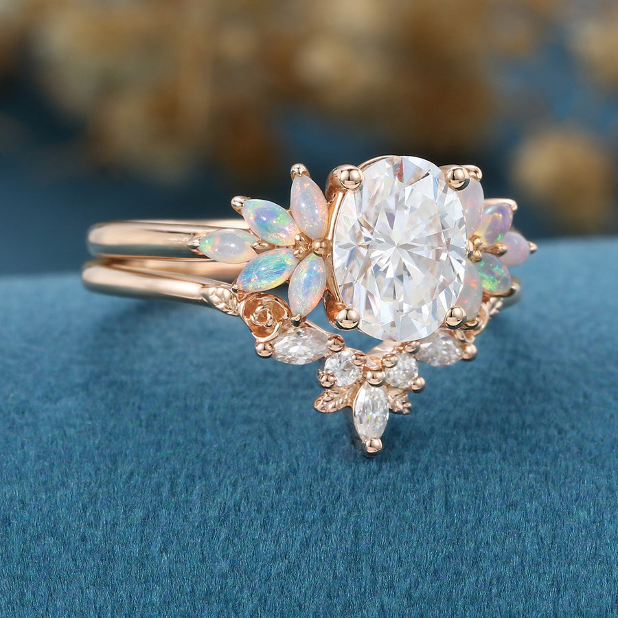 Oval Cut Moissanite+Opal Rose Gold Wedding Bridal set