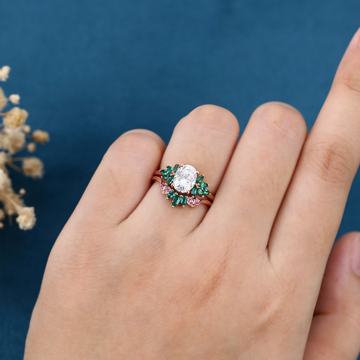 Oval cut Moissanite Matching Diamonds | Lab Grown Emerald |  Natural Pink Sapphires  Rose Gold Wedding Bridal Set