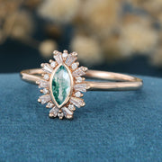 Bezel setting Marquise cut Moss Agate Halo Moissanite | Diamond Gold Engagement Ring