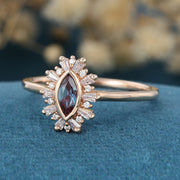 Bezel setting Marquise cut Lab Alexandrite Halo Moissanite | Diamond Gold Engagement Ring