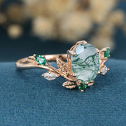 Nature Inspired Oval cut Moss Agate Leaf  Engagement Ring