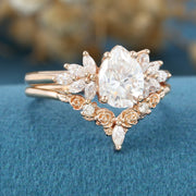 1.2Carat Pear cut Moissanite Engagement Ring Cluster diamonds Rose Gold Wedding Bridal Set