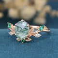 Nature Inspired Oval cut Moss Agate Leaf  Engagement Ring