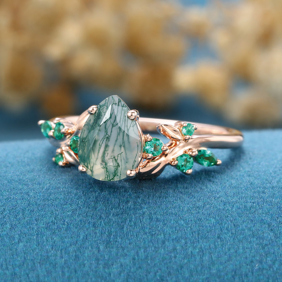 Pear cut Moss Agate Matching Lab Emeralds Gold Engagement Ring