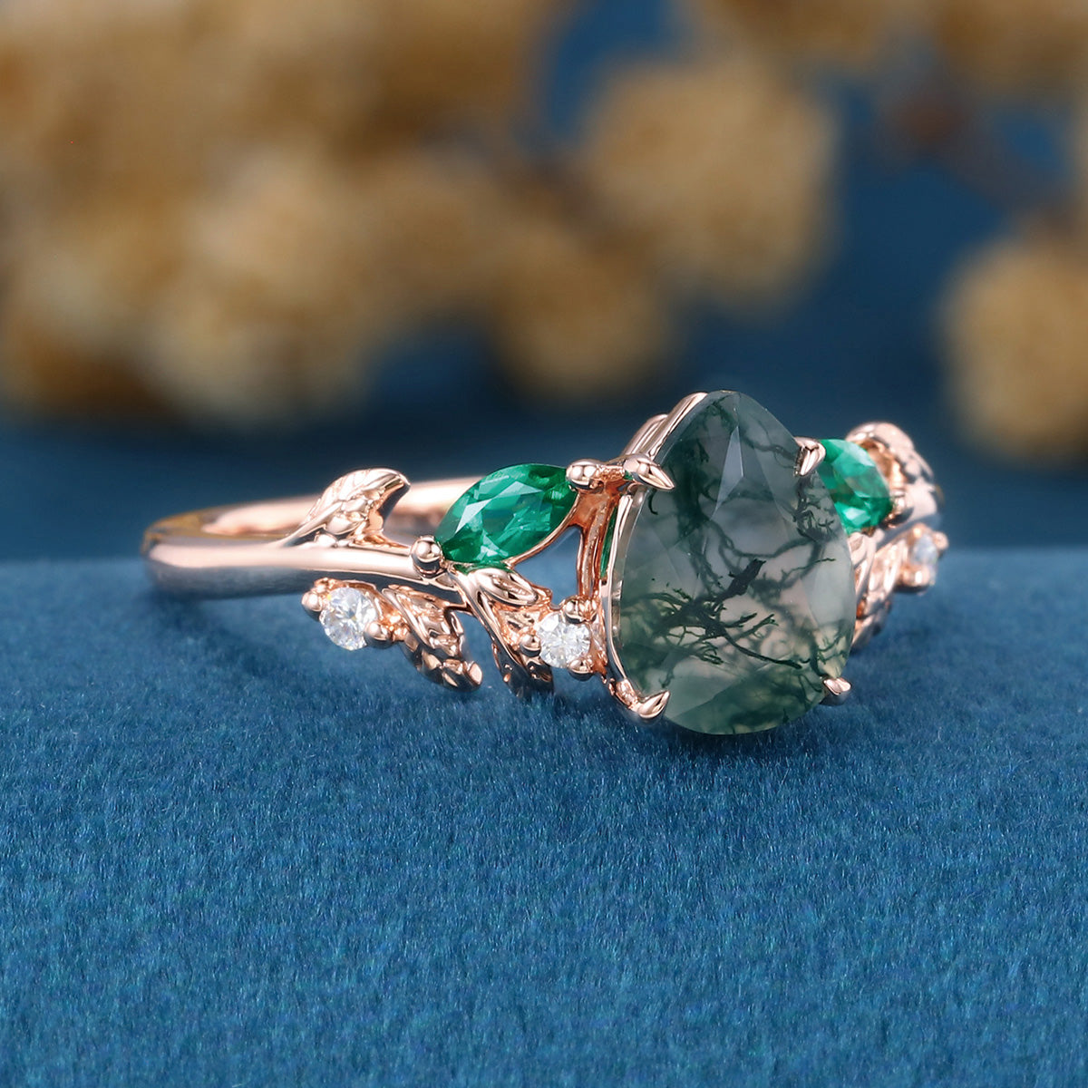 Pear cut Moss Agate + Lab Emerald Engagement Ring