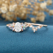 Oval Cut Moissanite+Opal Rose Gold Wedding Bridal set