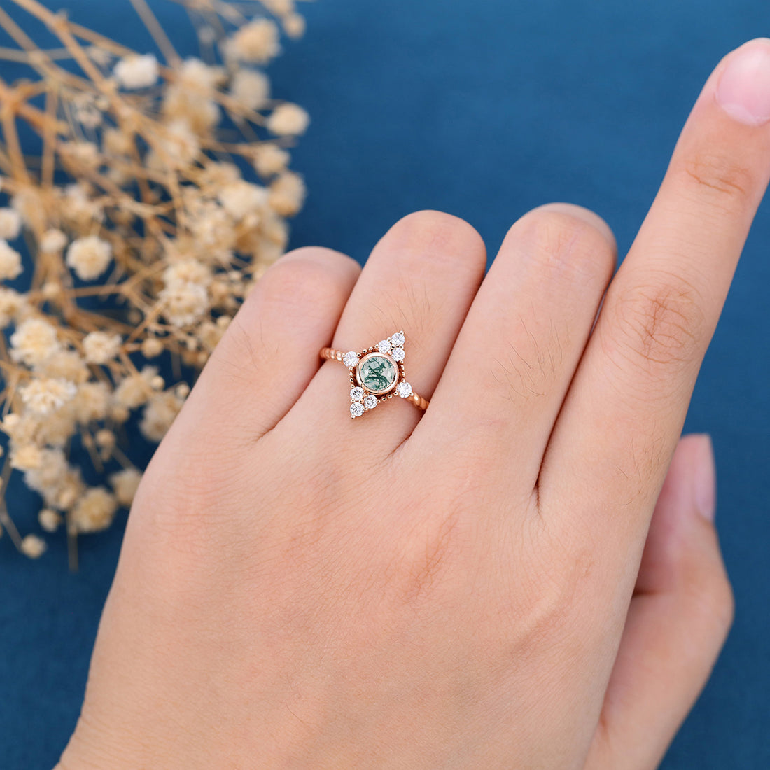 Bezel SetSet Round cut Moss Agate Halo Gold Engagement Ring