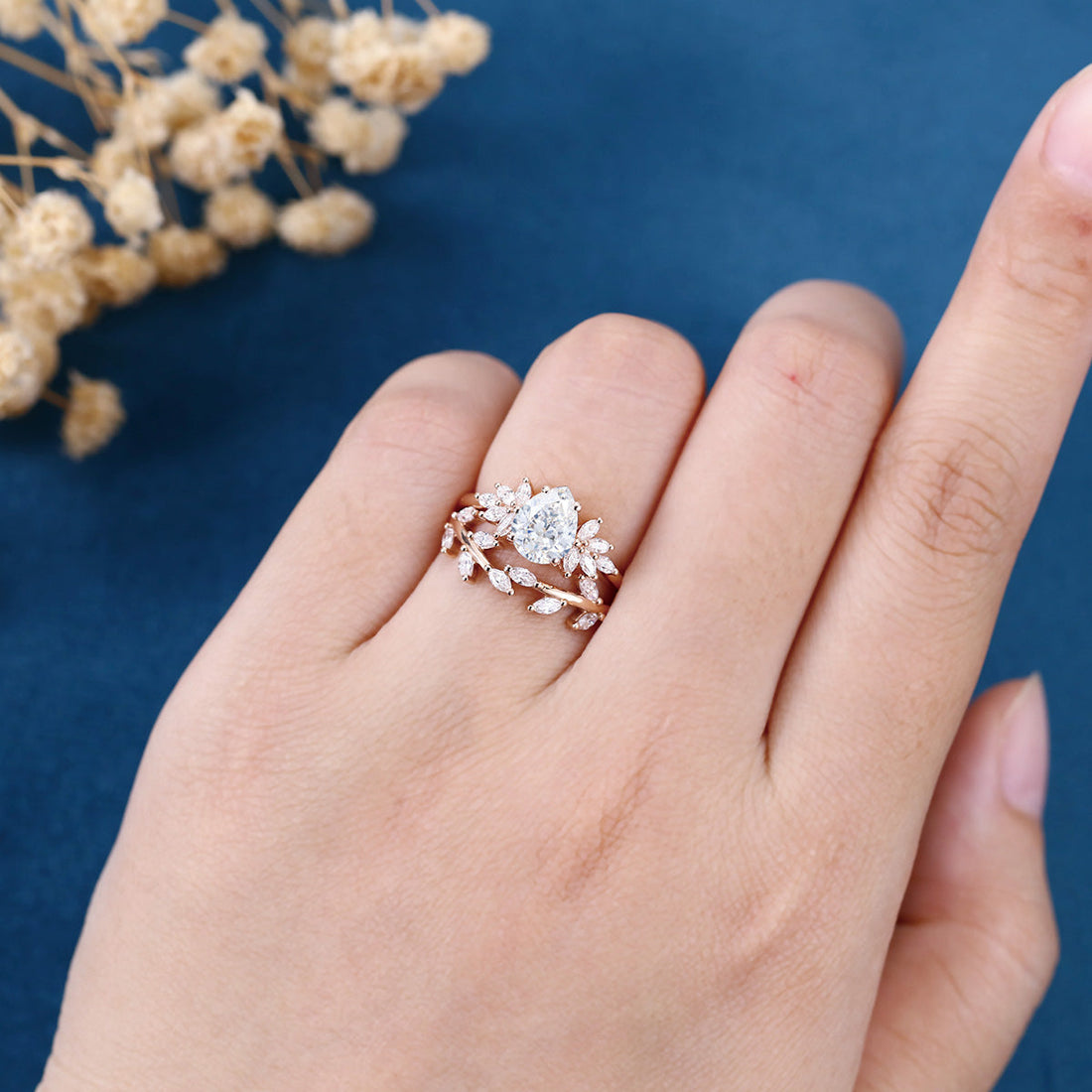 1.2Carat Pear cut Moissanite Engagement Ring Cluster Diamonds Rose Gold Wedding Bridal Set (Copy)