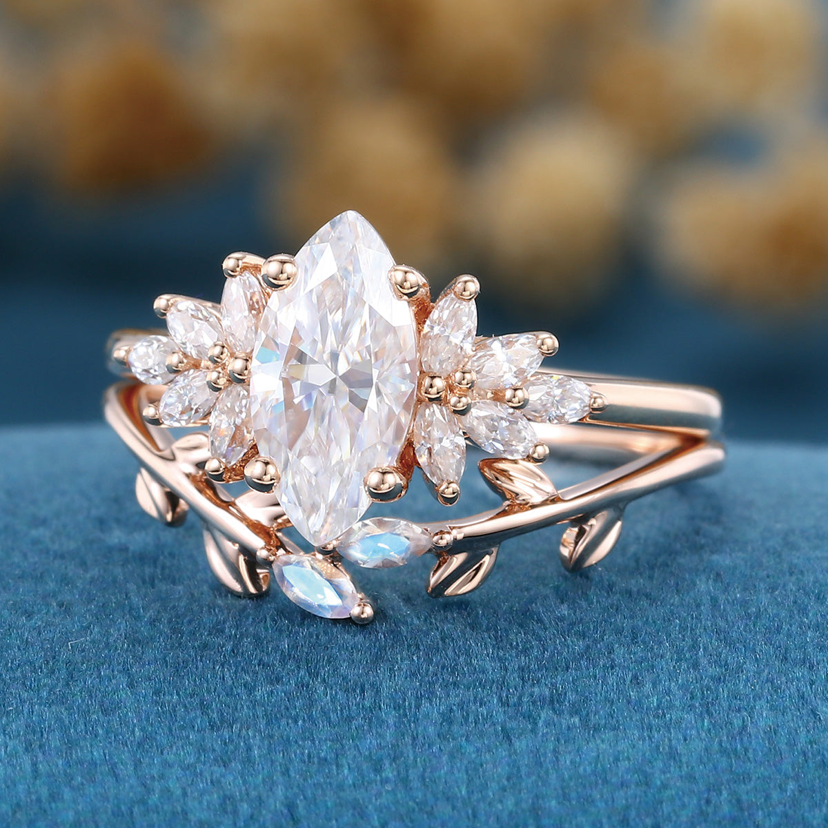 1.0Carat Marquise Cut Moissanite Engagement Ring set Rose Gold Moonstone Wedding Bridal Set