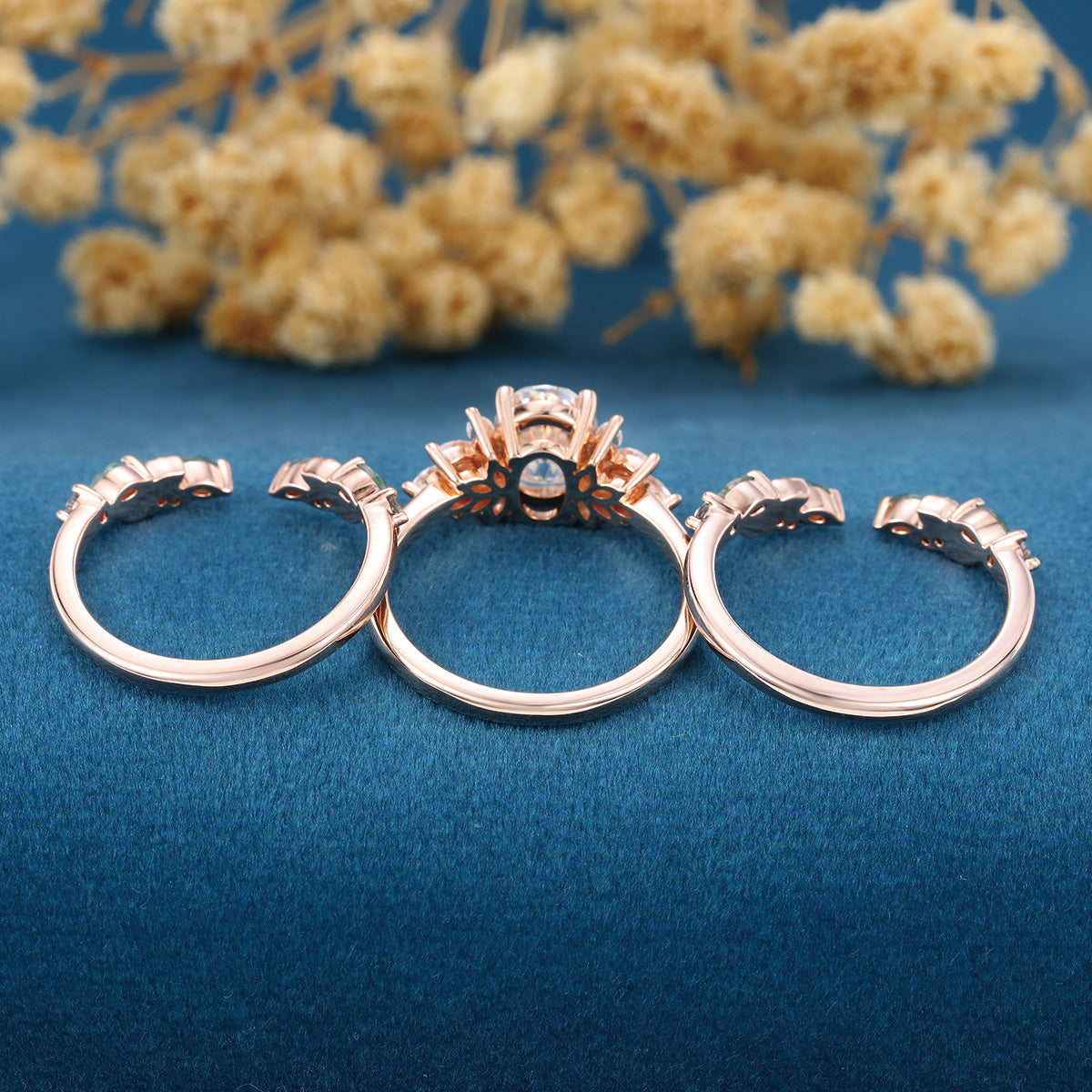 Oval cut Lab Grown Diamond + Moss agate Wedding bridal set