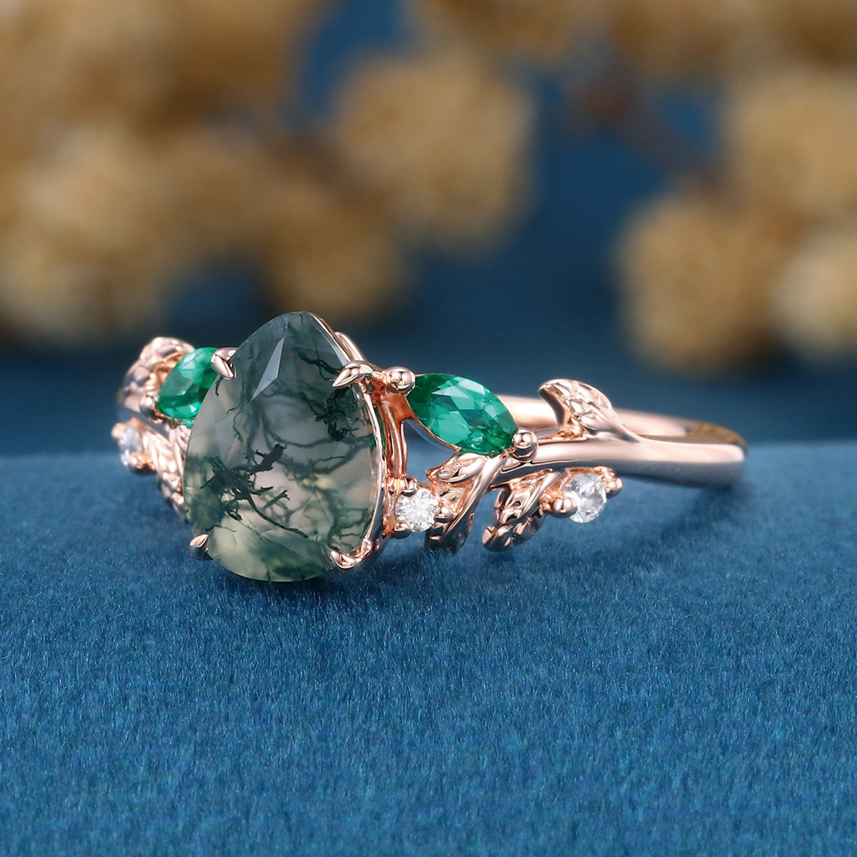 Pear cut Moss Agate + Lab Emerald Engagement Ring