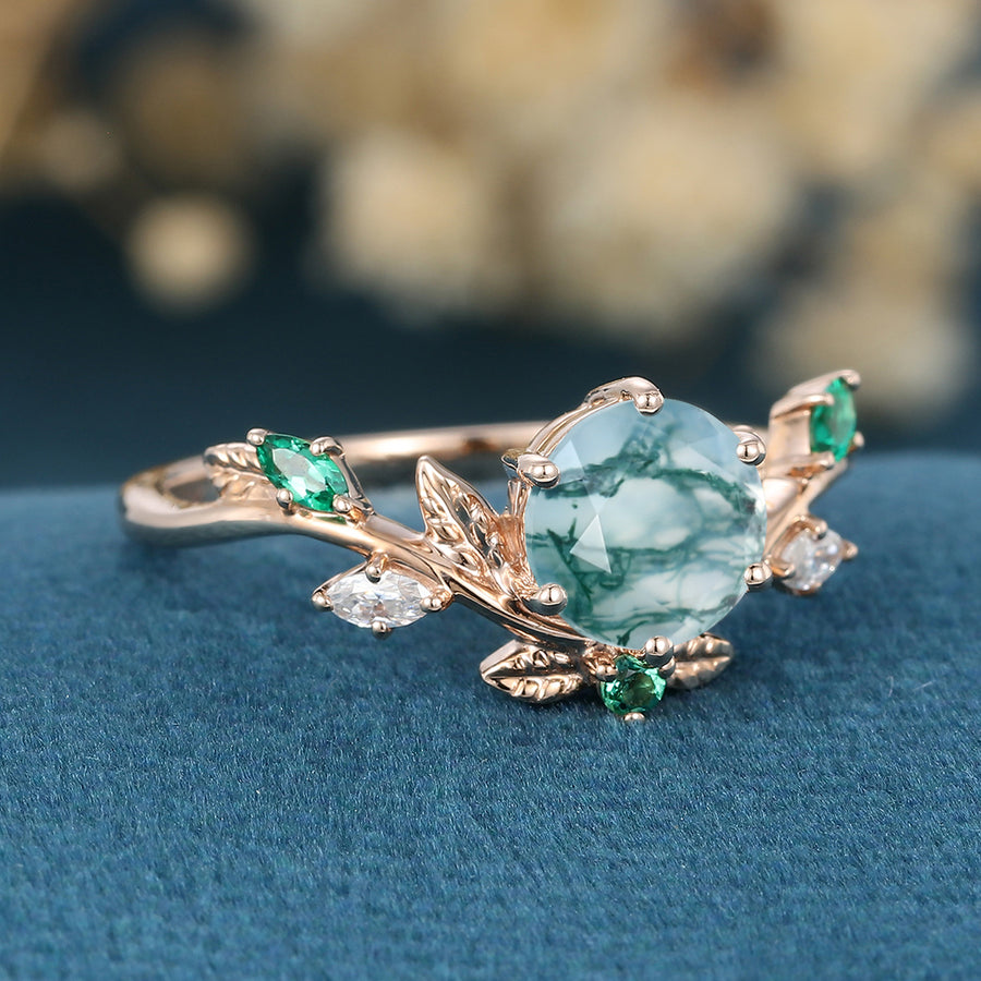 Nature Inspired Round cut Moss Agate Leaf Gold ring set