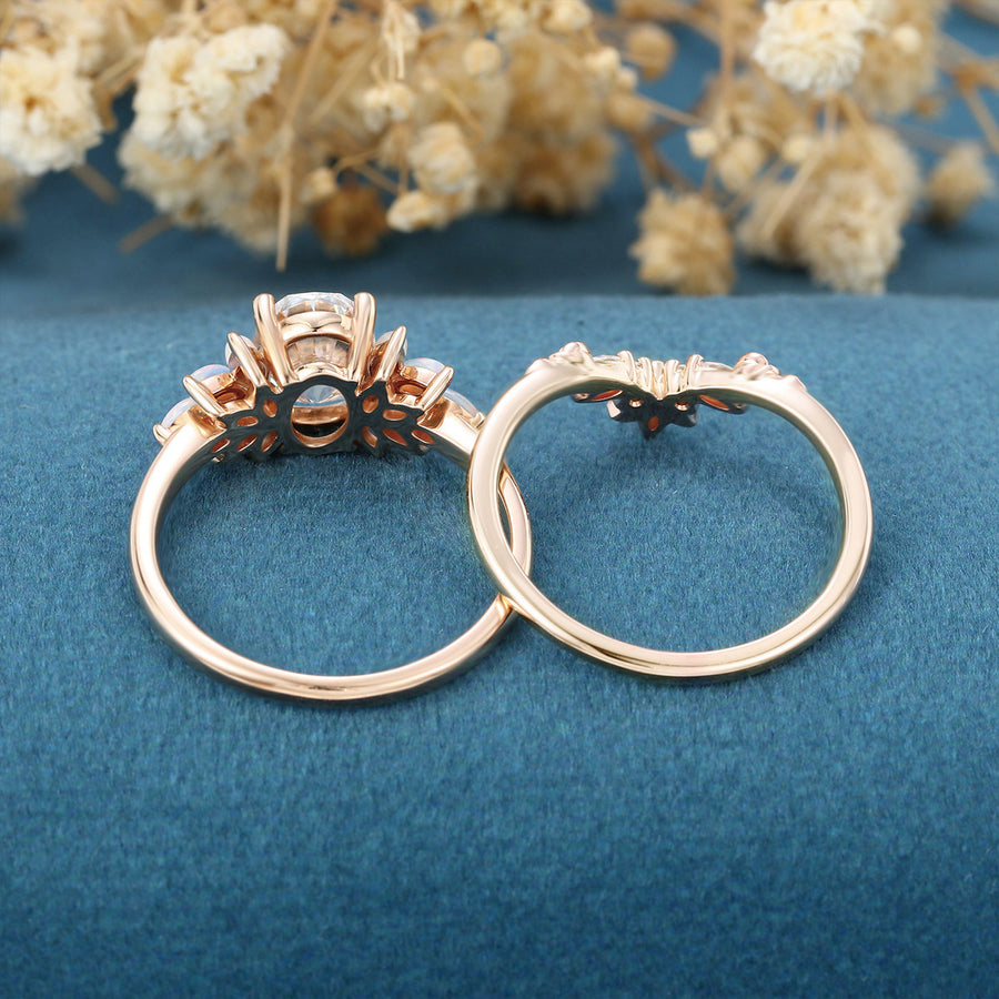 Oval Cut Moissanite+Opal Rose Gold Wedding Bridal set