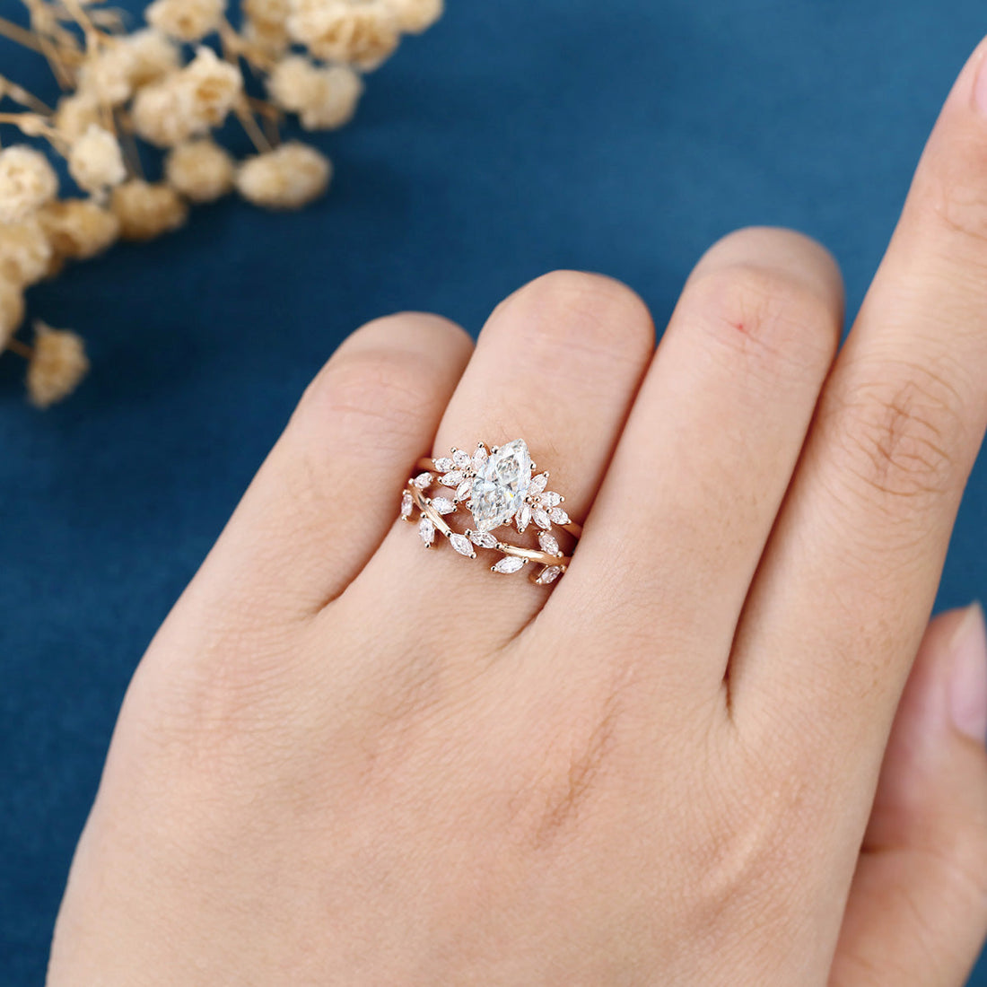 Marquise cut Lab-Grown Diamond Engagement ring Rose gold Cluster Diamond Wedding Bridal Set