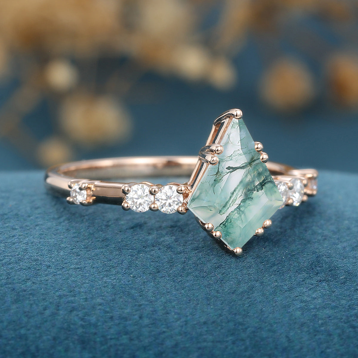 Kite Cut Natural Green Moss Agate Cluster Engagement Ring 