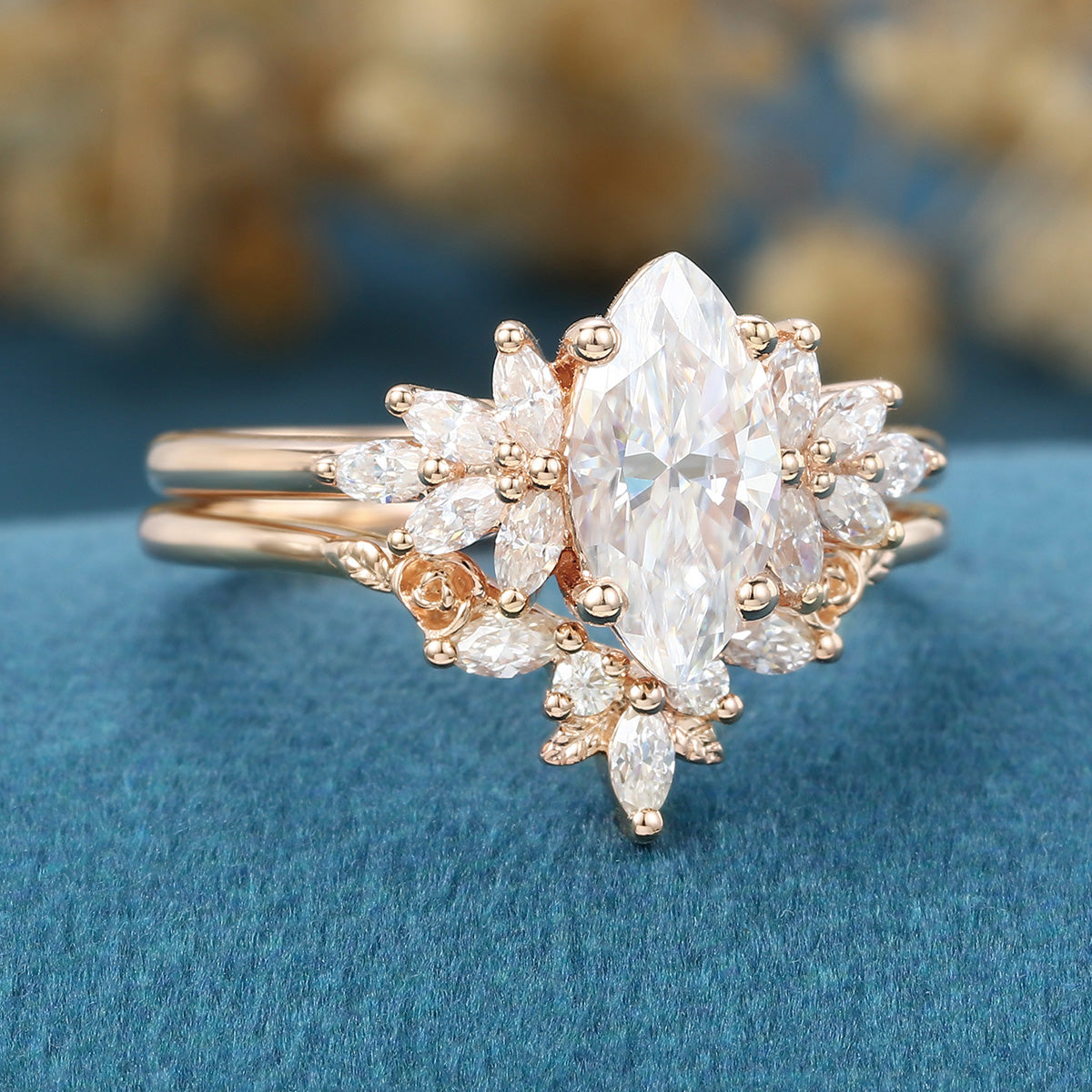 1.0Carat Marquise cut Moissanite Engagement Ring Cluster diamonds Rose Gold Wedding Bridal Set