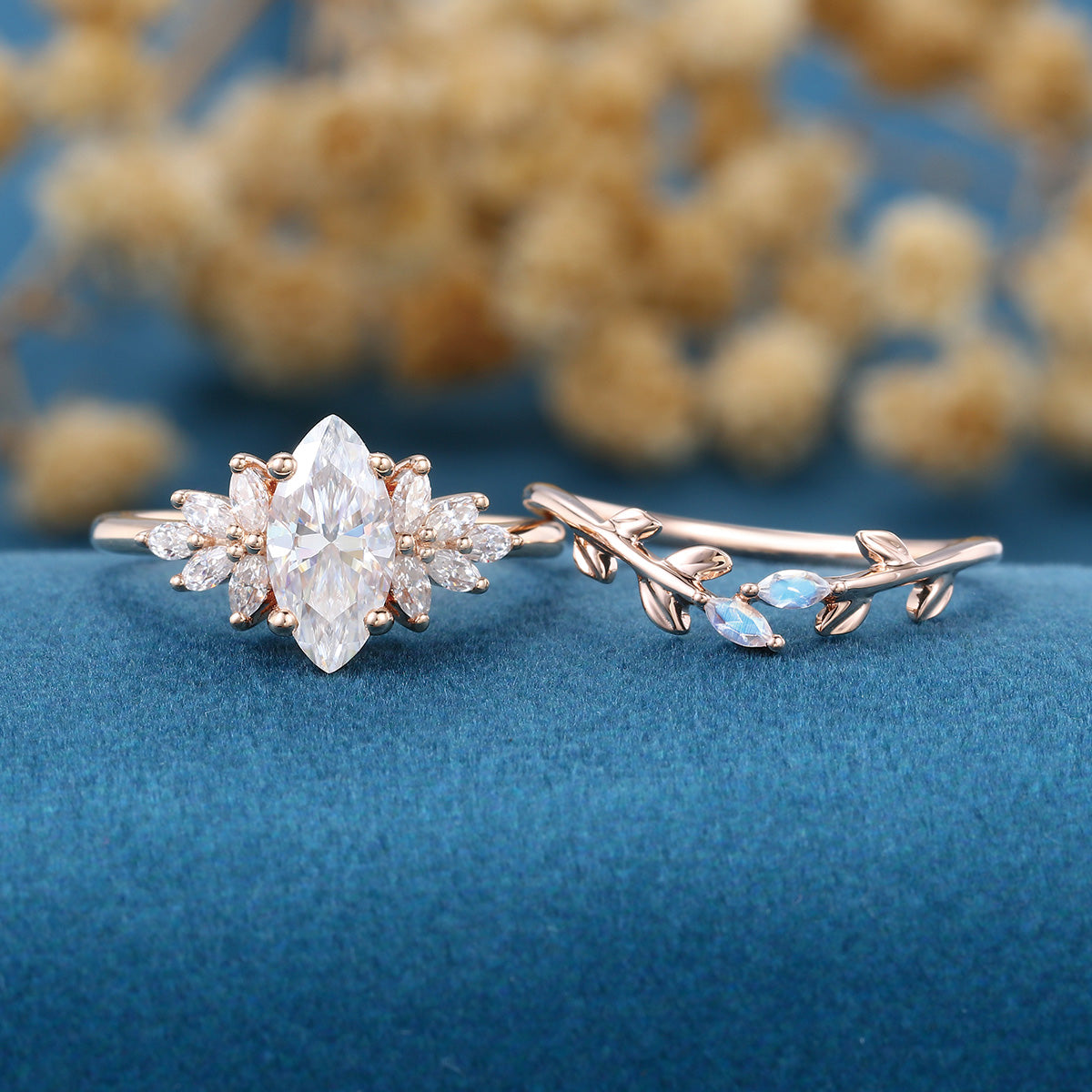 1.0Carat Marquise Cut Moissanite Engagement Ring set Rose Gold Moonstone Wedding Bridal Set