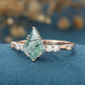 Kite Cut Natural Green Moss Agate Cluster Engagement Ring 